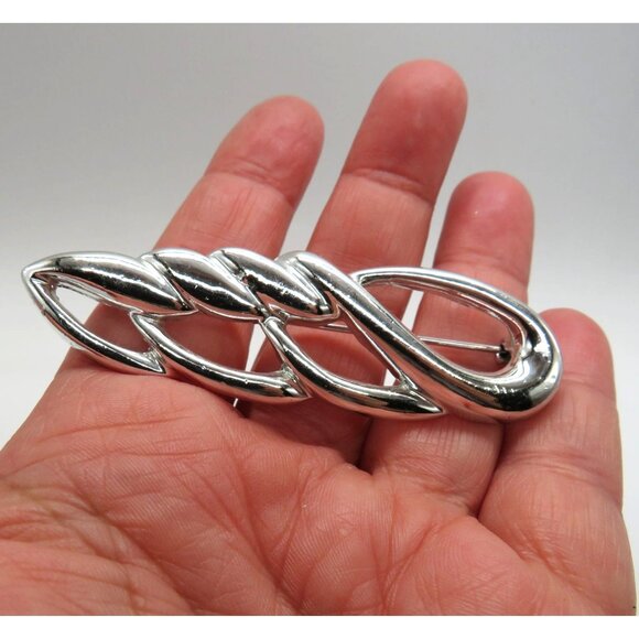 Vintage Leaf Brooch Silver Tone Loopy Braid Scarf Lapel Coat Pin - Picture 11 of 12